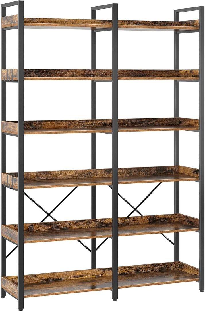 Seventable Bookshelf 6 Tier with 4 Hooks, 67 Industrial Wooden Bookcase, Vintage Storage Rack with Open Shelves, Rustic Standing Bookshelves Metal Frame 43.3 Wide Display Rack, Rustic Brown