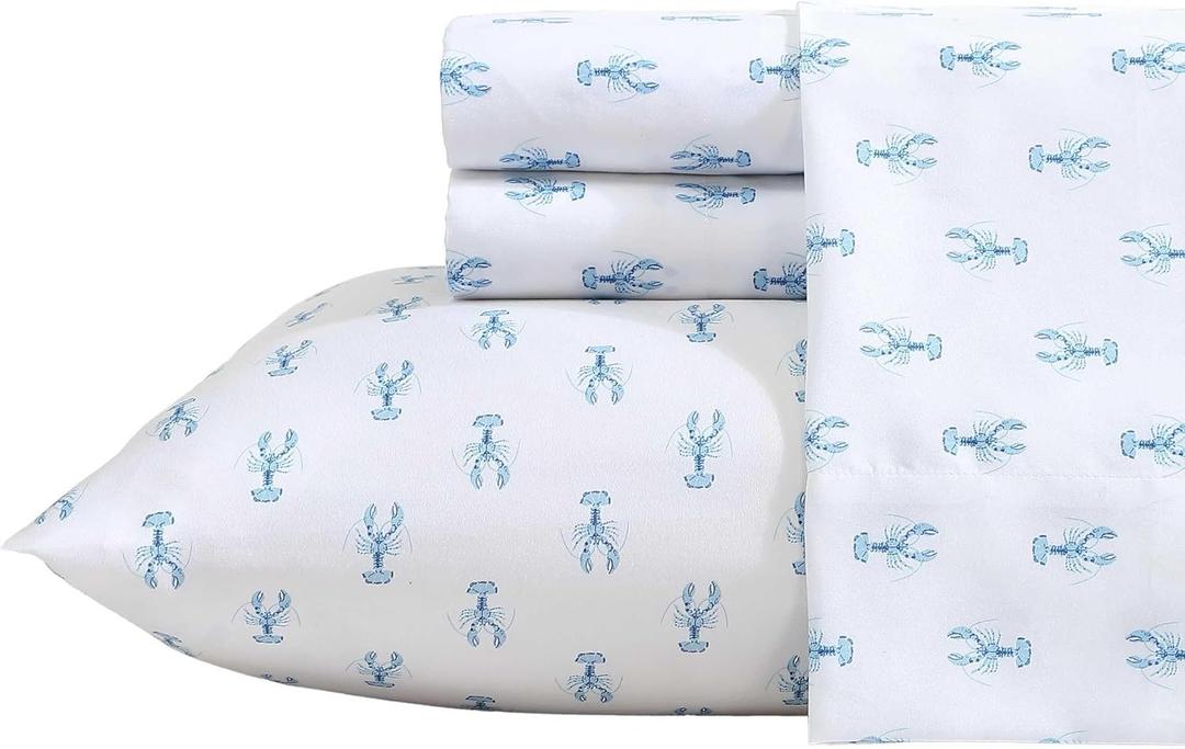 Nautica - Sheet Set, Breathable & Cooling Microfiber Bedding with Matching Pillowcase, Deep Pocket, Fully Elasticized (Nantucket Lobster Ocean Breeze Blue, Twin)