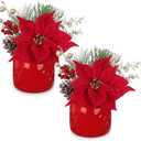 Artificial Christmas Floral Arrangement with Velvet Poinsettia Pinecones Berries Greenery Faux Flower Centerpiece in Ceramic Pot Holiday Arrangement for Home Mantel Xmas Dining Table Decor (Red#2)