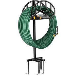 Kesfitt Garden Hose Holder Stand with Tool Storage Basket & 4 Spikes, Detachable Heavy Duty Metal Freestanding Outdoor Organizer for Lawn Yard Water Storage Rack