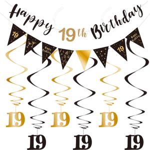 BRT Bearingshui 19th Birthday Decoration Kit, Happy 19th Birthday Banner Bunting Swirls Streamers, Triangle Flag Banner for Birthday Party Decorations Supplies Black and Gold 19th
