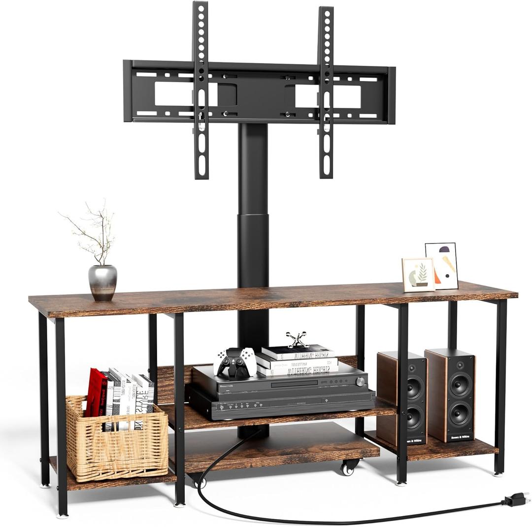 JUSTOGO TV Stand with Mount and Power Outlet, Floor Stand with Wheels for 32/45/55/60/65 inch TVs, Rolling Entertainment Center, Swivel Height Adjustable Media Console for Living Room Bedroom
