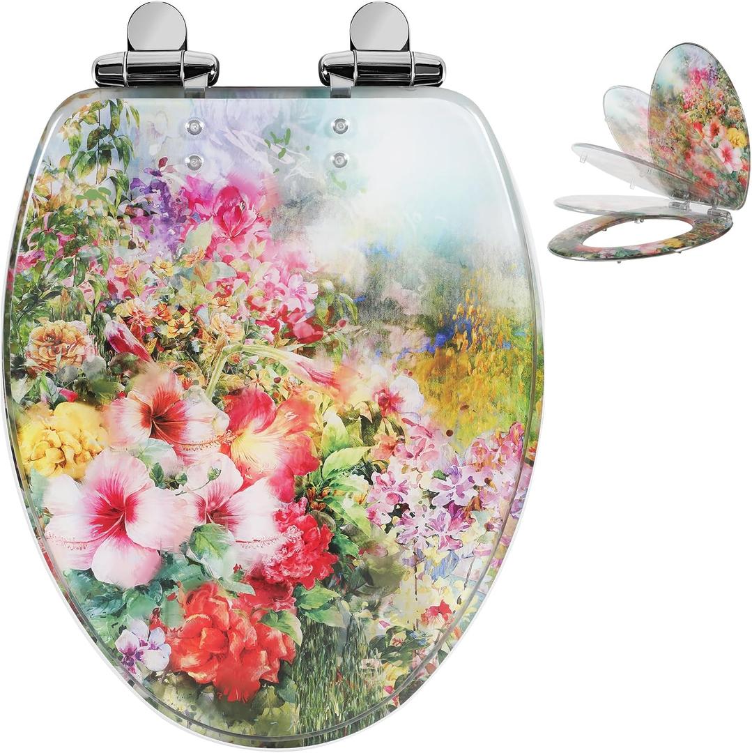 Angol Shiold Elongated Resin Toilet Seat Flowers, Slow Close Quick Release Metal Zinc Alloy Hinge Easy to Install also Easy to Clean, Decorative Acrylic Seats(19 Inch, Abstract Floral Art Print)