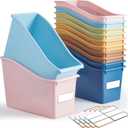 Geetery 12 Pcs Book Bin for Classroom with 24 Pcs Labels Stackable Plastic Organizing Bins 11.5 x 5.4 x 7.5 in Book Holders Storage Bins Box Baskets for Classroom Library Home (Boho Color)