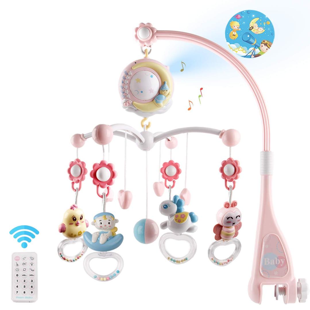 Baby Musical Crib Mobile with Timing Function Projector and Lights,Hanging Rotating Rattles and Remote Control Music Box with 150 Melodies,Toy for Newborn 0-24 Months (Pink)