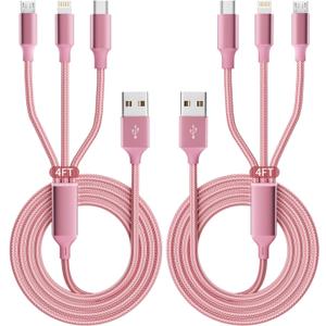 IDISON Multi Charging Cable(2Pack 4FT), 3 in 1 Charging Cable Nylon Braided Travel Charger Universal USB Cable with Type C/Micro/IP Port for iPhone17/16/14, Most Cell Phones & Pads and More (Pink)