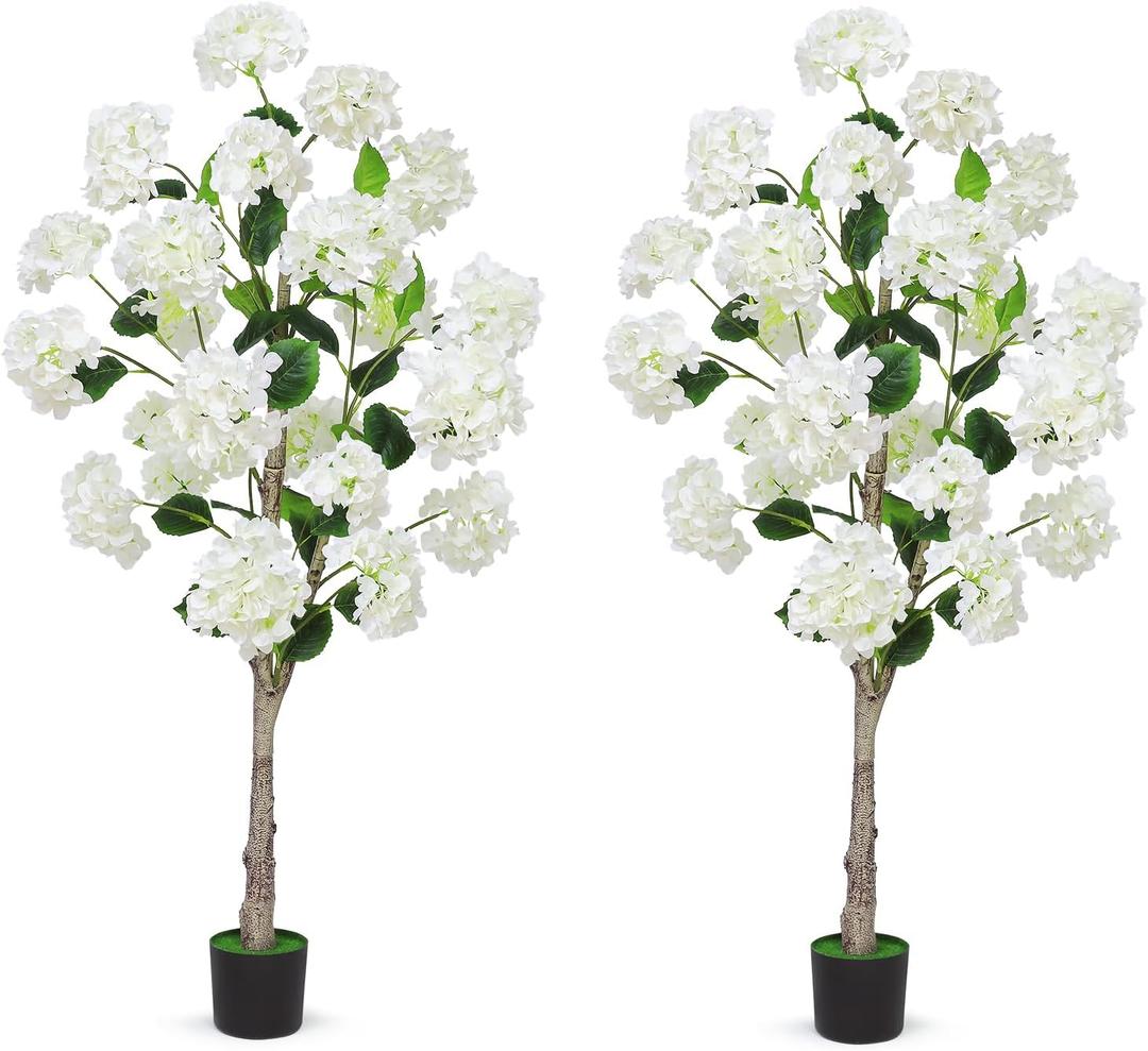 Set of 2 Artificial White Hydrangea Flower Trees 4FT, Fake Silk Floral Plants Indoor Outdoor, Lifelike Decorative Faux Hydrangea Flower Tree in Pot for Home Garden Office Front Decor