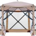 EVER ADVANCED Pop Up Gazebo Screen House Tent for Camping 11.5 ft for 8-10 Person Instant Canopy Shelter with Netting Portable for Outdoor, Backyard, Brown