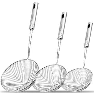 Anaeat Stainless Steel Spider Skimmer, Set of 3 Professional Kitchen Pasta Strainer Spoon with Long Handle - Asian Strainer Ladle Wire Skimmer Spoons for Cooking and Frying (4.5"+5.3"+6.1")