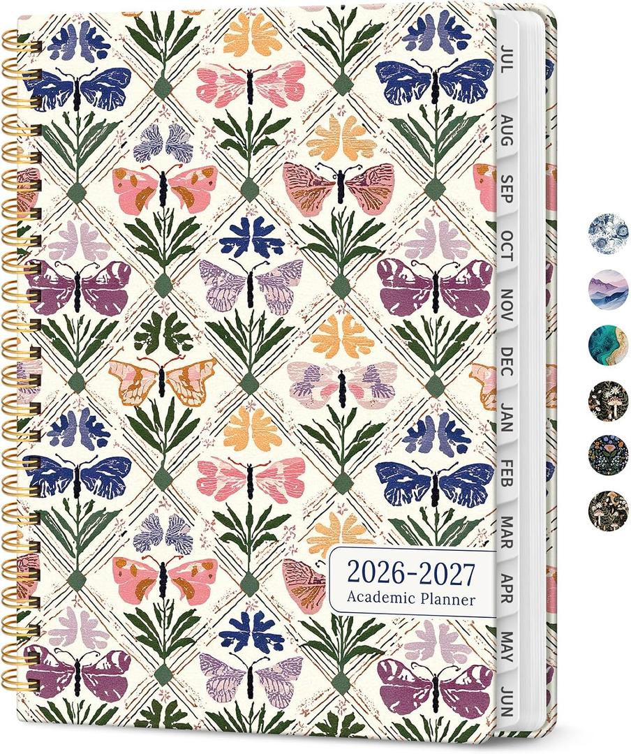 Planner 2026-2027, Jul 2026-Jun 2027 Academic Monthly & Weekly Planner | 6.3" x 8.5" Hardcover Pretty Calendar Planner for Women, Spiral Organizer for School Office Home, Butterfly Patchwork