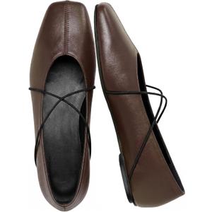Women's Square Toe Ballet Flats Criss-Cross Straps Comfortable Slip On Mary Jane Flat Shoes for Office Work Casual(Brown, 7.5)