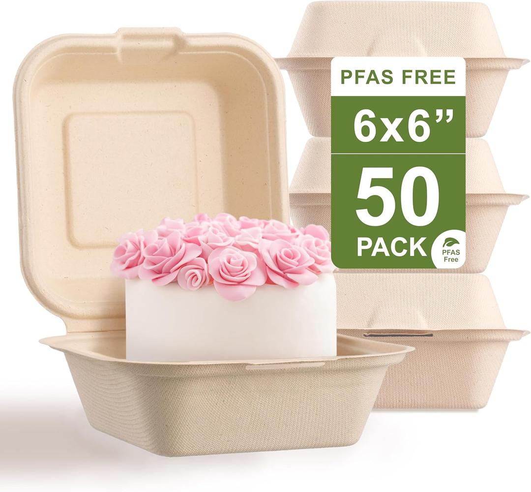 [50 COUNT]Harvest Pack PFAS FREE 6 X 6" Compostable Square Hinged Container, Single Compartment Clamshell Takeout Box, Heavy-Duty Bagasse Food Container, Made from Eco-Friendly Plant Fibers