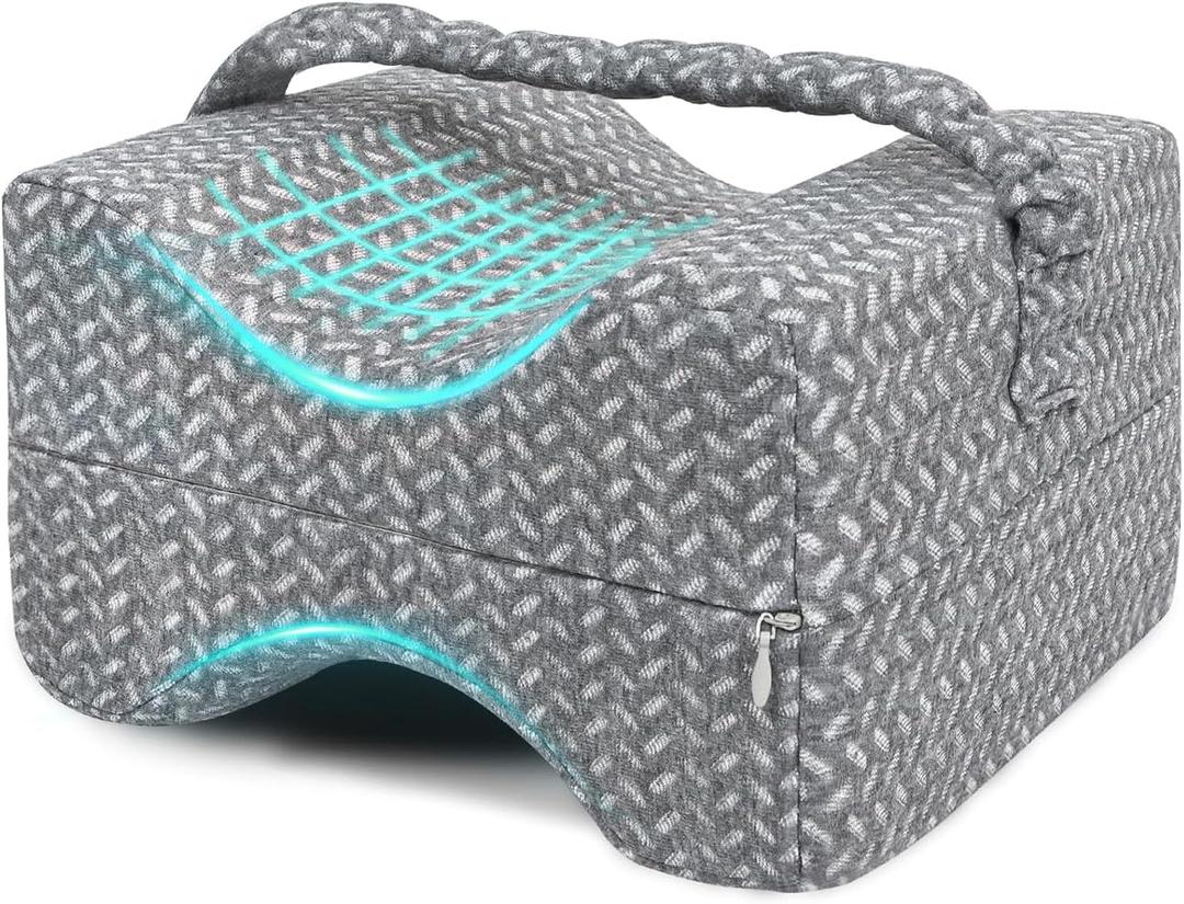 Knee Pillow for Side Sleepers, Memory Foam Leg Pillow for Side Sleeping, Cooling Knee Pillow with Strap for Hip Pain, Back Pain, Sciatica Pain Relief, Spine Alignment (Square-Grey)