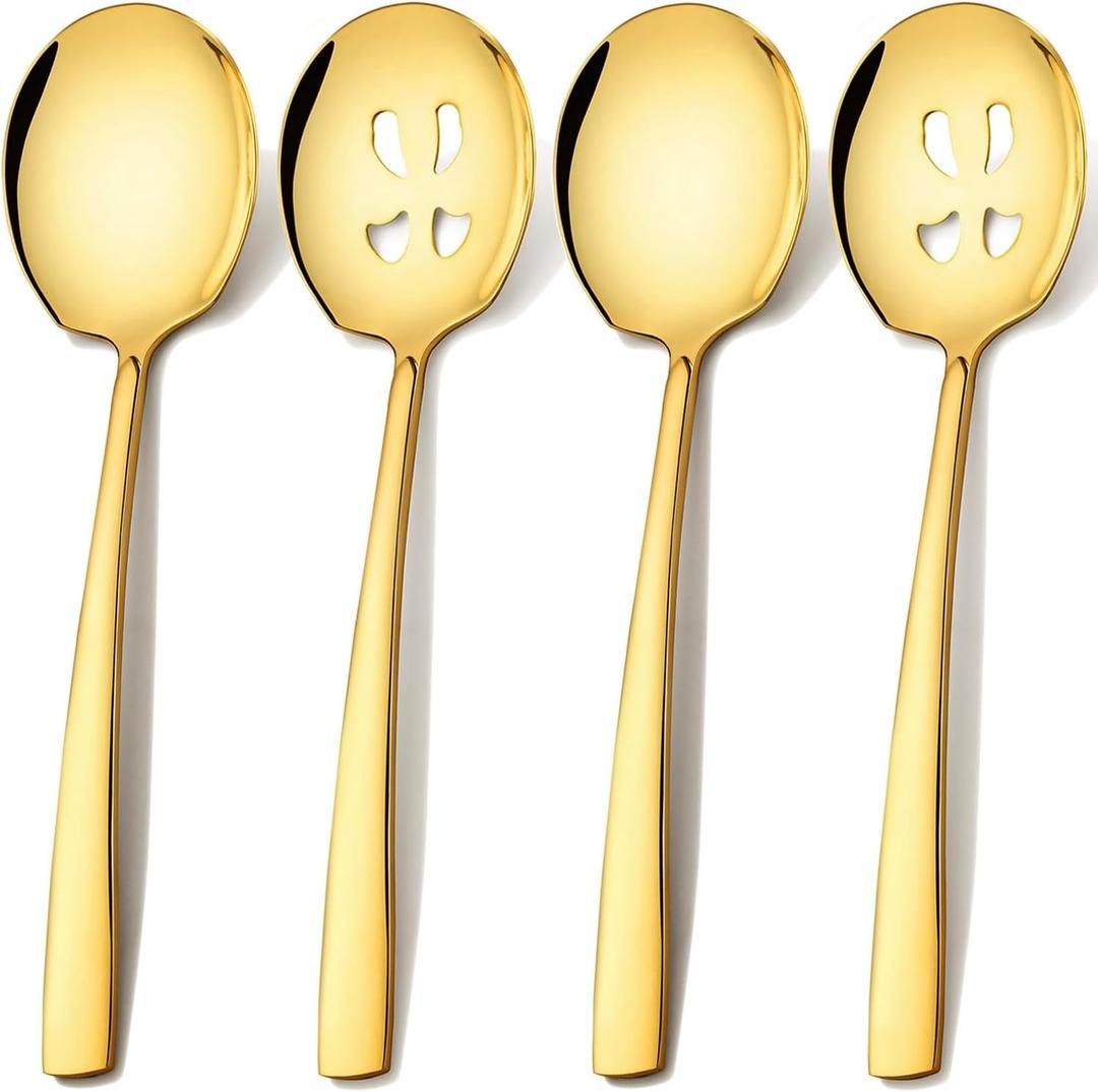 Extra Large Serving Spoons Set 11.7-Inch Gold Serving Slotted Spoon x 2 Serving Spoon x 2, 18/8 Stainless Steel Big Serving Utensil for Buffet, Parties, Catering - Dishwasher Safe(4-Pack, Gold)