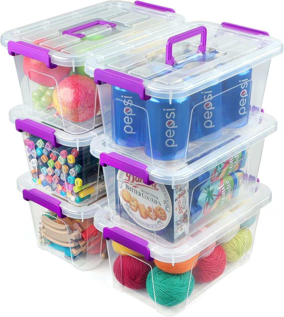 AREYZIN Plastic Storage Bins with Lids 6 Pack,7 Quart Stackable Storage Containers with Buckle Latches, Heavy Duty Clear Organizer Bins for Home Office Supplies, Craft & Toy Storage, BPA-Free,Purple