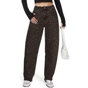 AUWUKA Barrel Jeans for Women, High Waisted Wide Straight Leg Boyfriend Microelastic Womens Mom Jeans (Medium, Leopard Print)