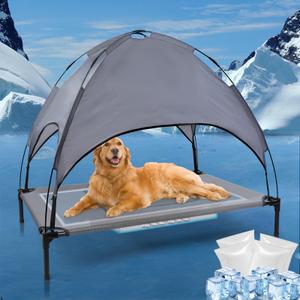 42'' Outdoor Elevated Dog Bed with Canopy, Raised Dogs Bed Medium Large Size Dogs with Six Support Feet, Breathaasdasd Pet Bed with 4 Ice Pack(Medium)