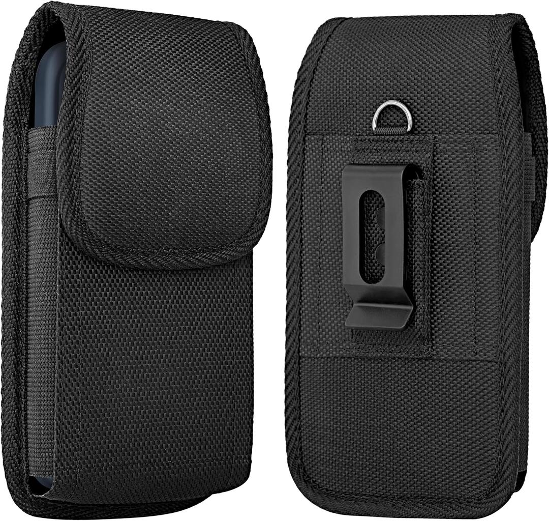 Holster for iPhone 17 16 15 14 13 12 11 Xs X XR/Pro Models, Cell Phone Belt Holder Case with Clip for Men, Heavy Duty Nylon Pouch (Fits Phone with Otterbox Cover on) Black
