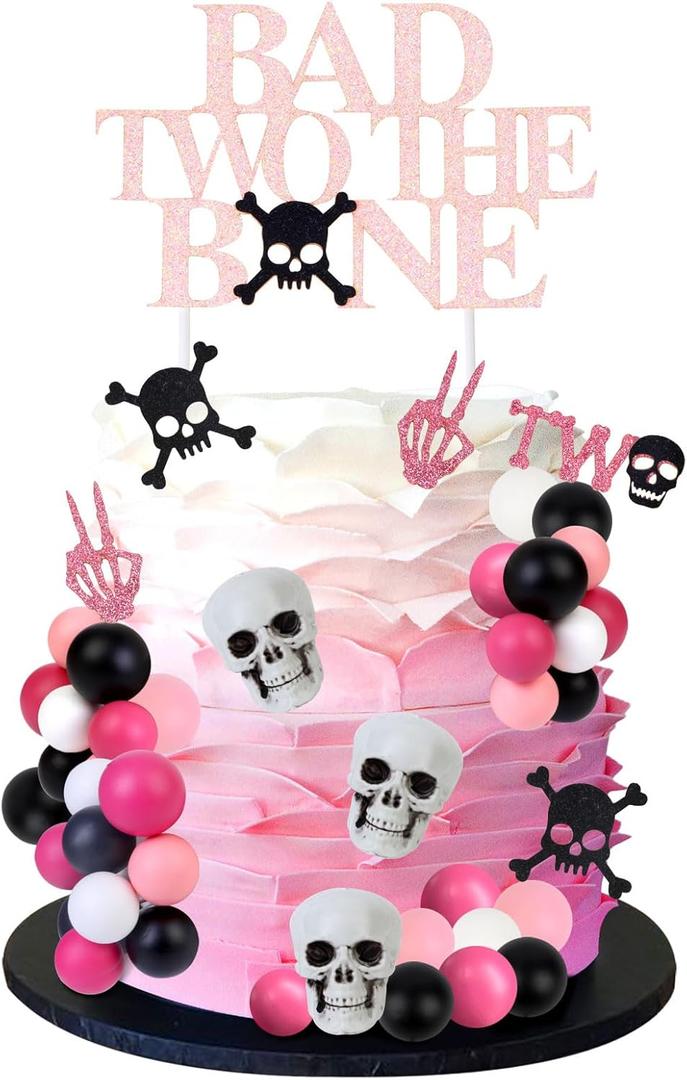 Bad Two the Bone Cake Decorations for Girls Pink - Gothic Skeleton Skull Ball Cake Cupcake Toppers Ball Dessert Picks, Two Years Old Rose Gold Cake Supplies