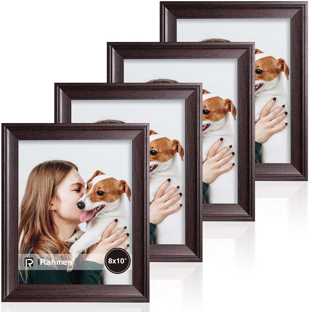 iRahmen 8x10 Picture Frame Set of 4, Dark Brown Vintage Photo Frame with Real Glass, 8 x 10 Frames for Wall Mount and Tabletop Display