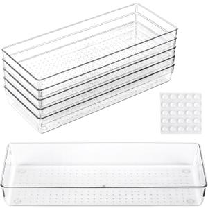 6 Pcs Large Clear Plastic Drawer Organizers Tray 15" x 6.3" Storage Bins with 25 Pcs Non-Slip Pads for Makeup, Jewelries, Kitchen Utensils, Bathroom and Office