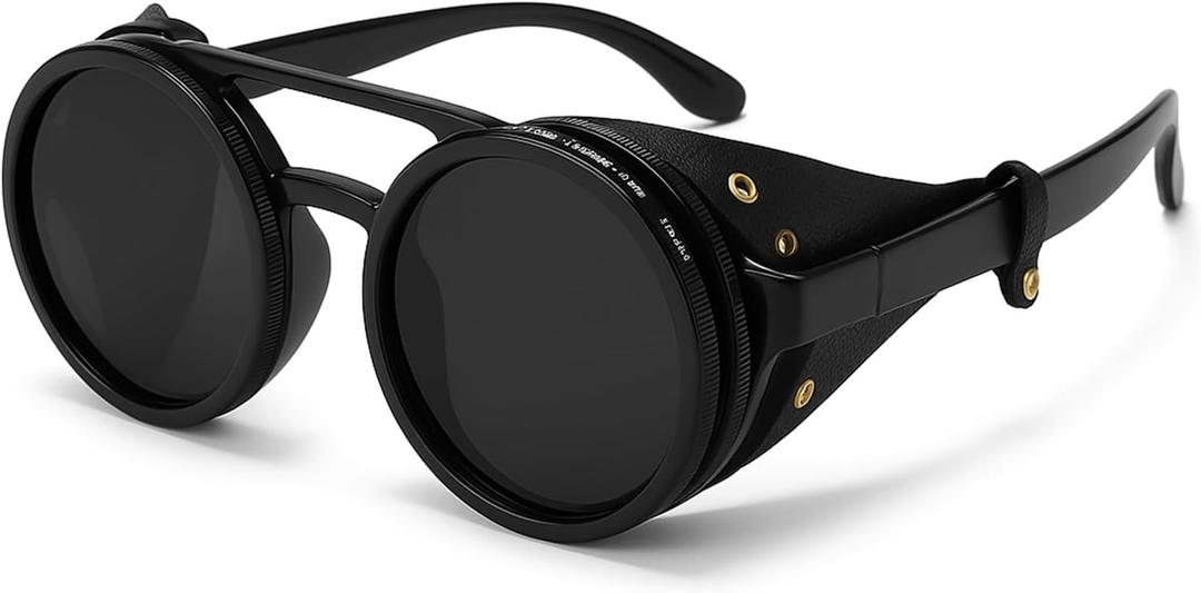 Adjustable Tint Steampunk Sunglasses  ND Filter, UV400 Polarized  Retro Round Shades, Leather Side Shields (Classic Black)