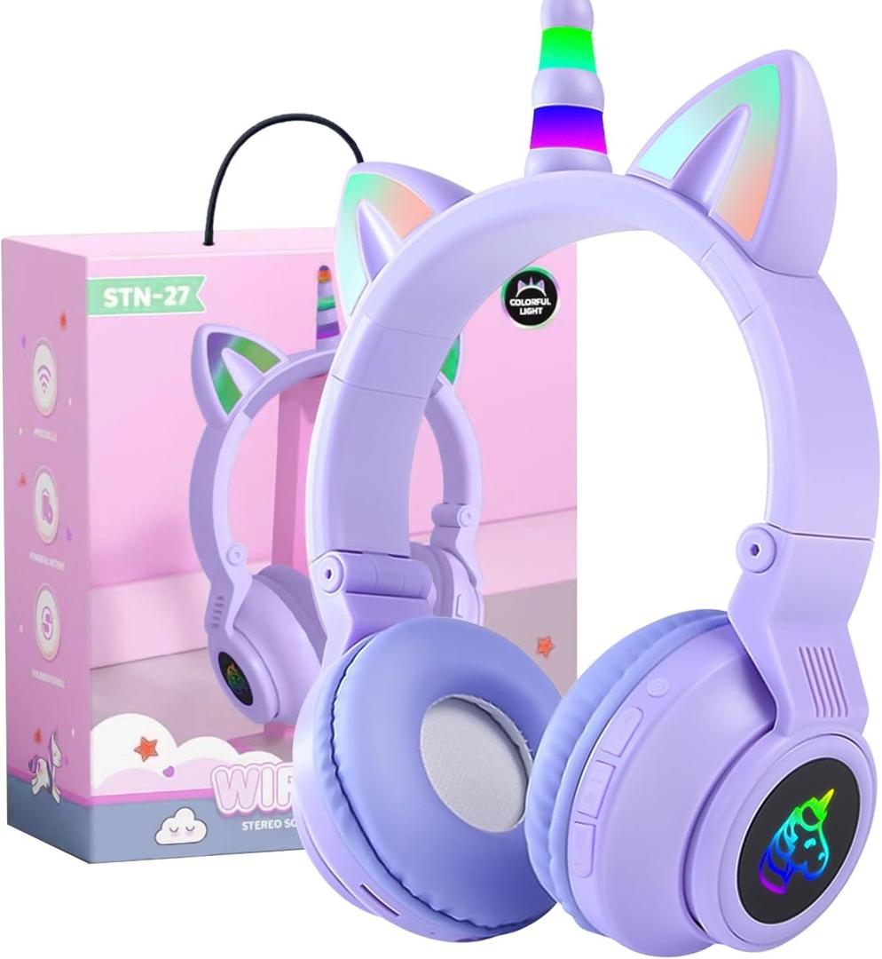 Wireless Headphones for Children, Headphones Bluetooth Unicorn Foldable, Girls with Cable and Microphone Headphones Children with LED Light Stereo Headphones for Mobile Phone/Tablet/PC, Purple 