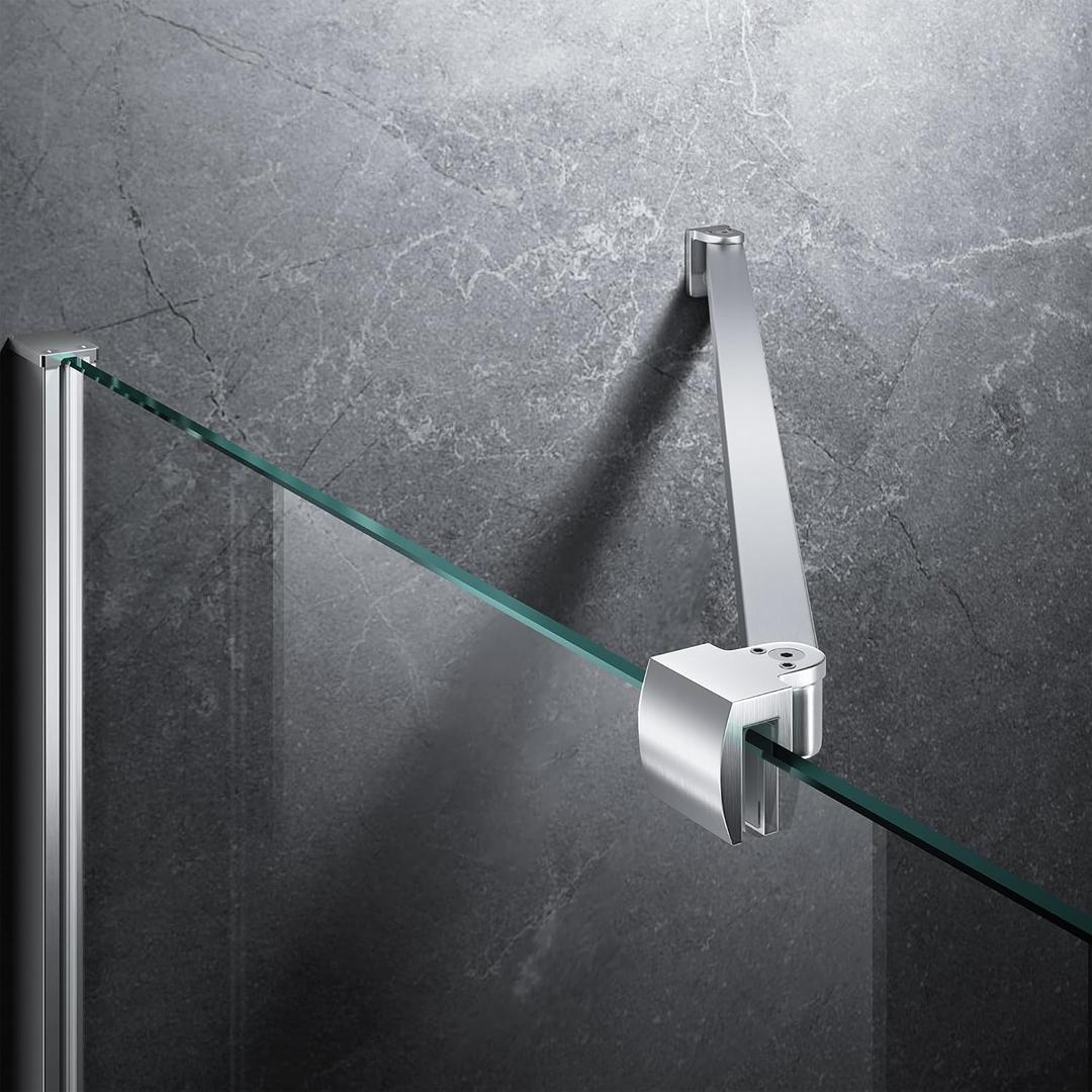 Frameless Shower Door Support Bar, Stainless Steel Wall-to-Glass Support Arm to Fixed Shower Glass Panel, for 1/4"-3/8" (6-10 mm) Door, 180 Pivot & Stow-Flat Mode (Brushed Nickel, 23.6-inch(600mm))