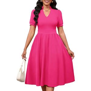 Womens Short Puff Sleeve V Neck Casual Semi-Formal Cocktail Party A-Line Dress XL, Rose Red