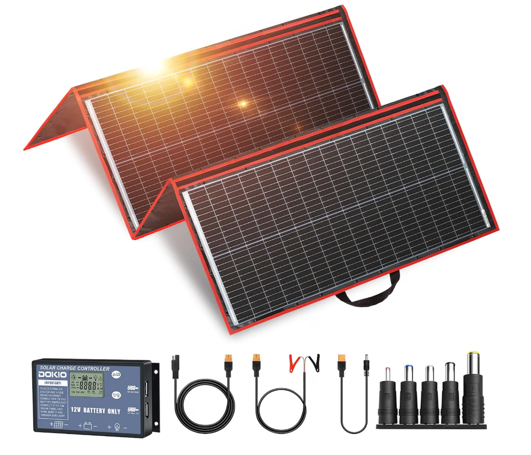 DOKIO 300W Portable Foldable Solar Panel Kit, Compact 19.3x37.4in Design 15.2lb with Standalone Controller and USB, Monocrystalline Charger for 12V Batteries, Power Stations, RV Camping Emergency Use