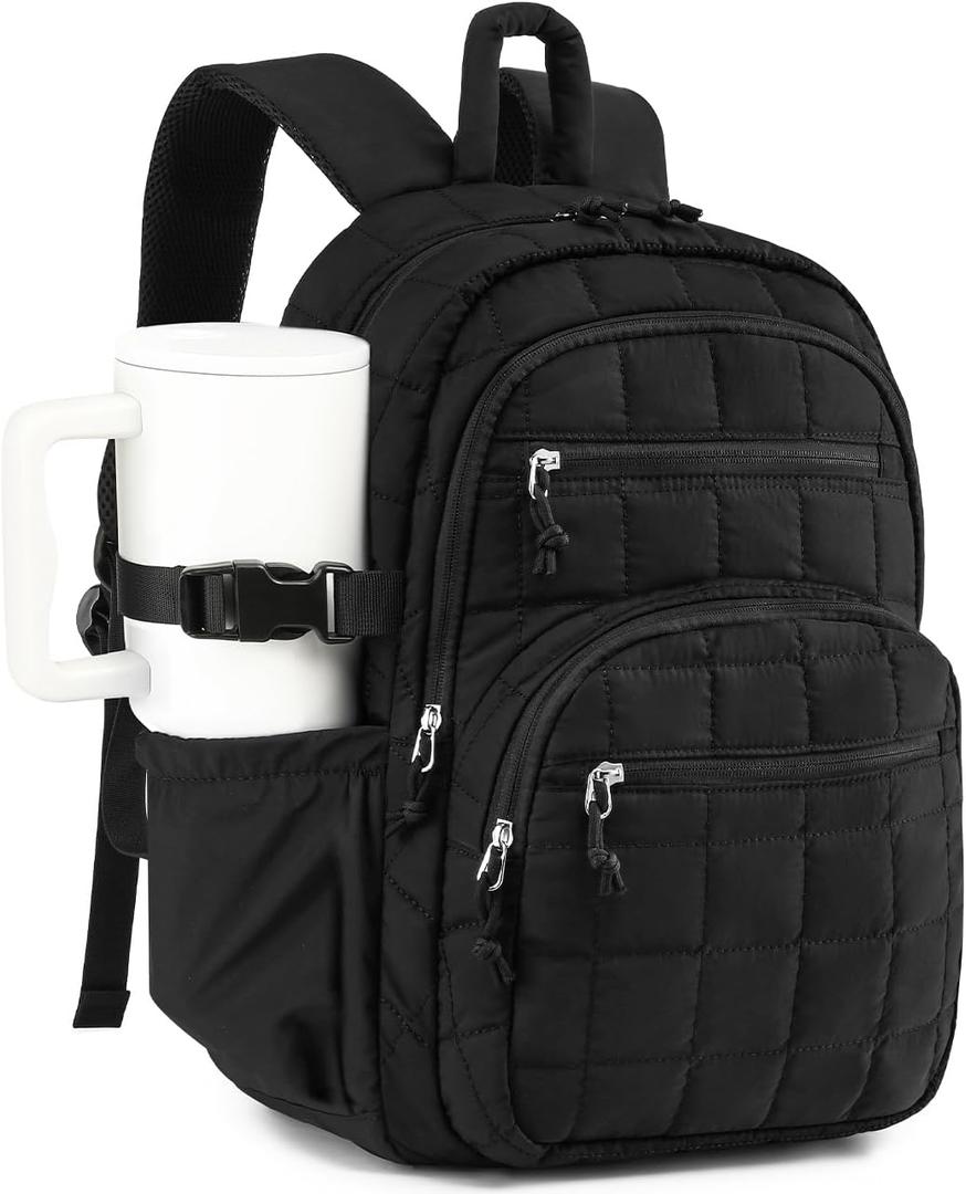 Quilted Laptop Backpack for Women, College Bookbag with Tumbler Holder Pocket for Nurse Teacher Work Travel, Puffer School Backpack for Teen Girls Big Student, Black