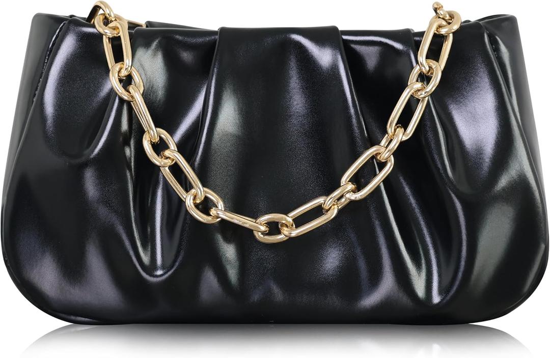 Clutch Purse for Women - Evening Small Shoulder Bag Anti Theft Removable Chain Adjustable Strap PU Handbag (Black)
