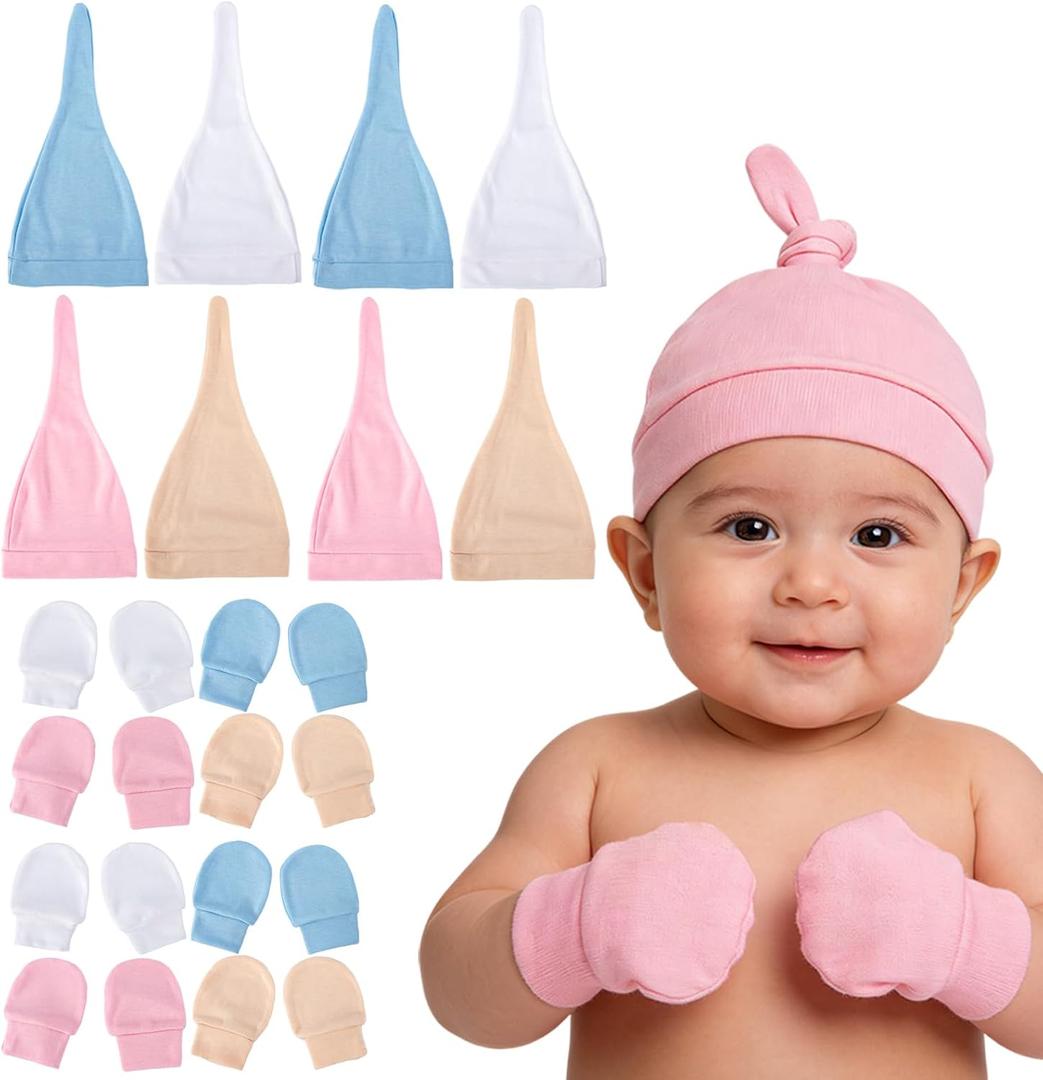 8 Sets Newborn Baby Hats & Mittens Soft Cotton Infant Knot Beanies Caps Gloves Hospital New Born Boy Girl 0-3 Months