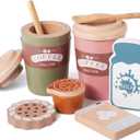 Kids Coffee Playset, Wooden Montessori Toy Play Kitchen Accessories with Coffee Cups, Espresso & Milk, Toddler Pretend Play Coffee Toy Kitchen Set Boys and Girls Birthday Gift