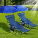 Karenhi 2 Set Reclining Beach Chair with Umbrella for Adult Folding Camping Chair with Foot Rest Adjustable Clamp Canopy Shade for Outdoor Patio Travel Beach Fishing Picnic(Blue)