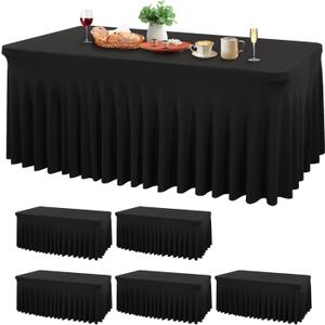 Wish Care 6 Pack Black Spandex Table Cloths for Rectangle Tables 8ft - One-Piece Wrinkle Free Fitted Table Cover 8 Foot Table Stretch Tablecloths for Party, Banquet, Wedding and Events