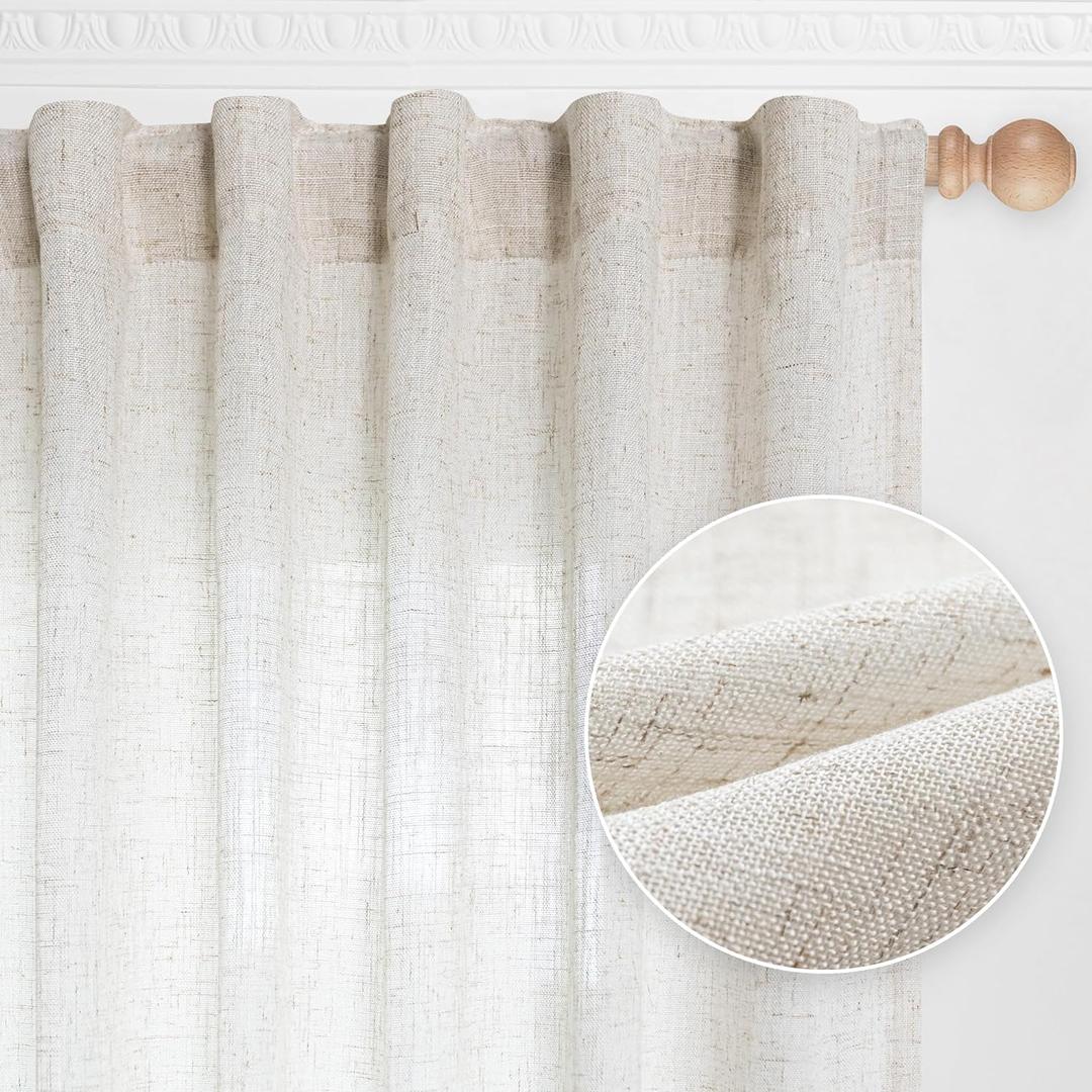 MYSKY HOME 90 Inches Long Linen Curtains for Living Room, Semi Sheer Bedroom Curtains Farmhouse Boho Room Decor Sliding Glass Patio Doorways Light Filtering Privacy Protect, 50" x 90", Linen, 2 Panels