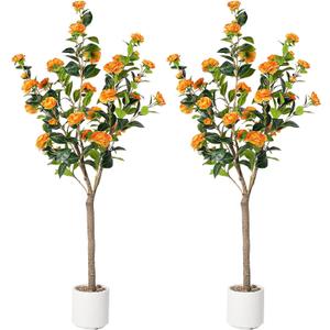 Artificial Camellia Tree 5ft, 2pack Indoor Fake Plant with Realistic Trunk, Leaves, Flowers and White Planter, Faux Potted Tree for Home Decor and Housewarming Gift (Orange)