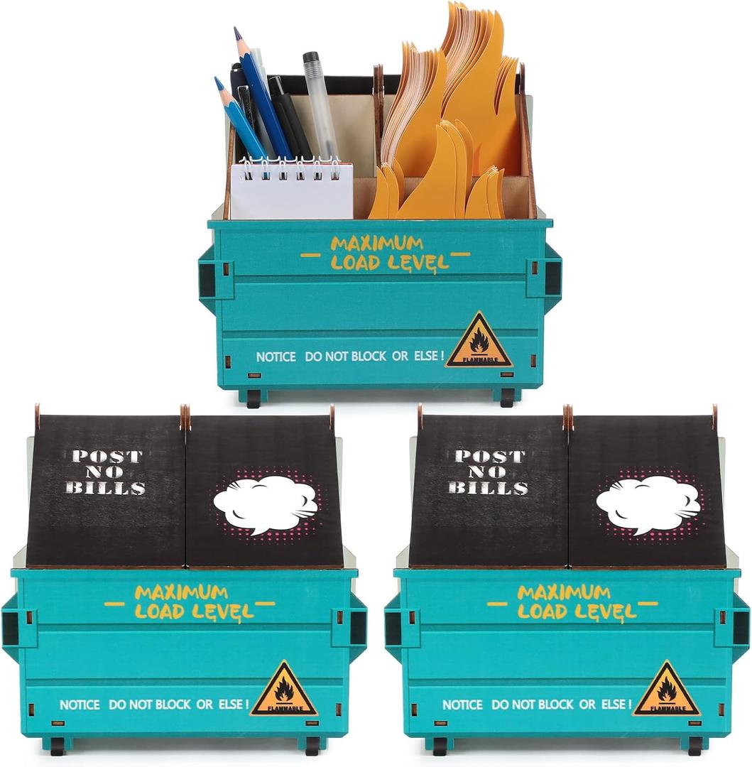 Chuangdi 3 Set Dumpster Fire Pencil Holder on Desk with 150 Flame Note Cards Office Caddy Dumpster Fire Cute Accessories Decor for Desk Pens Pencils Funny Gift Not Assembled(Blue)