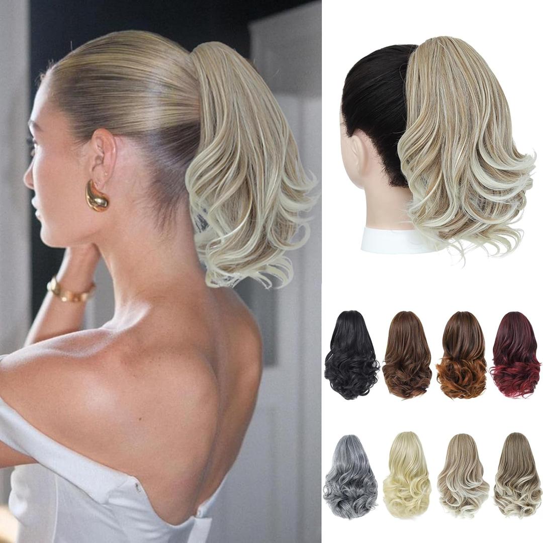 Ponytail Extension 8 Inch Claw Clip in Ponytail Short Curly Ponytail Extension for Women Messy Bun Fluffy Wavy Curly Synthetic Versatile Mix Blonde Hairpieces