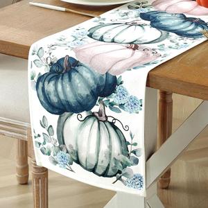 Fall Decorations for Home Blue Fall Table Runner 108 Inches Long with Autumn Pumpkins Eucalyptus Leaves. Thanksgiving Decorations for Dining Room Kitchen Table Seasonal Holiday Harvest Party Decor