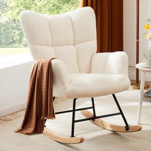 Sweetcrispy Rocking Chair Nursery, Teddy Upholstered Glider Rocker with High Backrest, Reading Chair Modern Rocking Accent Chairs Glider Recliner for Living Room, Nursery, Bedroom (Beige)