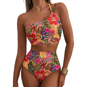 Herseas Women's High Waisted Bikini Sets One Shoulder Floral Print Swimsuits 2 Piece Tummy Control Bathing Suits (Large, Tropical Animal Print)