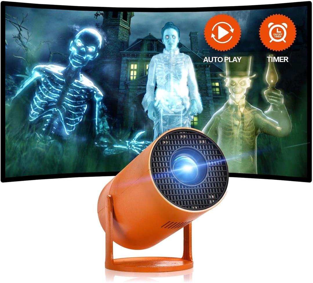 AAXA HP Halloween Projector (2025 Upgraded) for Haunted Windows, Auto-Start, Holographic Projections, Short Throw, HD 1080P, Portable Projector with 8 Pre-Loaded Hologram Movies, Built-in Speaker, Orange