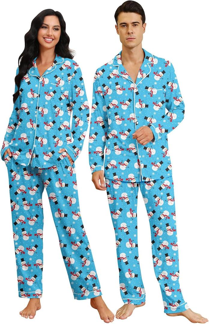 RAISEVERN Couples Christmas Matching Pajamas 2 Piece Women Men Xmas Pjs Soft Pajama Set Long Sleeve Loungewear Warm Sleepwear (Blue)