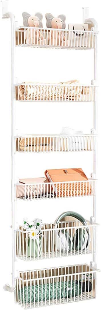 Over The Door Organizer, Metal Behind Door Hanging Storage, Toys Umbrellas Bags Organizer Rack, Large Capacity Organizer for Bedroom Bathroom Kitchen Pantry Closet Cabinet (White,Six-Tier)