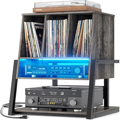 Homieasy Record Player Stand with Power Outlet & Smart LED, 3-Tier Vinyl Record Storage Cabinet for 200+ Albums, 22" Turntable Station with Wooden Dividers, Modern End Table for Small Space, Grey Oak