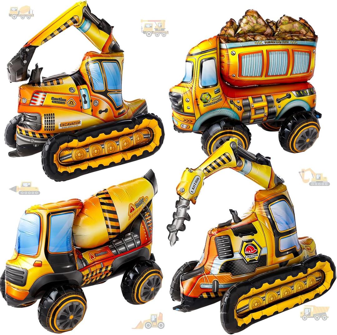 4 Pcs Self Standing 4d Construction Balloons Birthday Party Supplies Excavator Vehicle Dump Truck Mixer Truck Foil Balloons for Construction Birthday Party Decorations