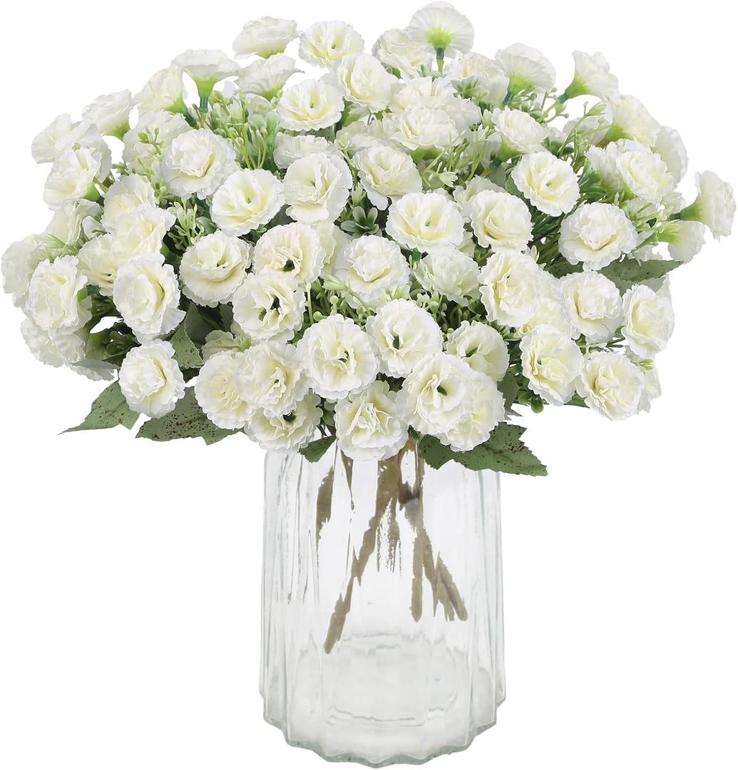 White Carnations Artificial Flowers 5 Bundles Life-Like Faux Carnation Silk Flowers with Stem and Greenery, Fake Carnation Flowers Arrangements for Vase Home Decor Wedding Mother's Day (White)