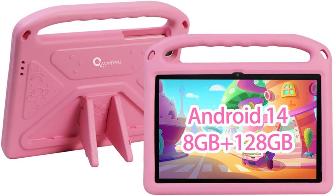 CWOWDEFU Kids Tablet,Android 14 Tablet for Kids 10 inch,with Family Link Parental Control,8GB+128GB Up to 1TB,WiFi 6,GMS,Learning Tablets for Toddlers,Shockproof EVA Case (Pink)